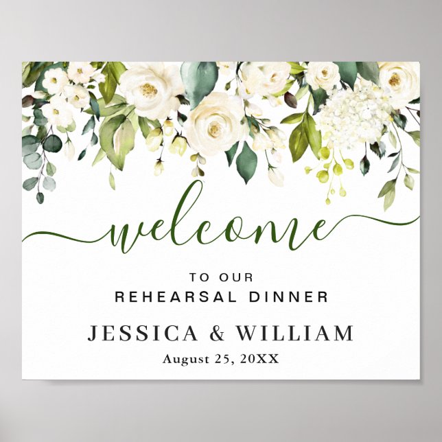 Elegant Eucalyptus White Roses REHEARSAL DINNER Po Poster (Front)