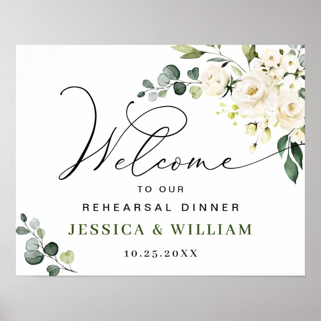 Elegant Eucalyptus White Roses Rehearsal Dinner Poster (Front)