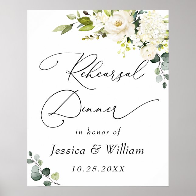 Elegant Eucalyptus White Roses Rehearsal Dinner Poster (Front)