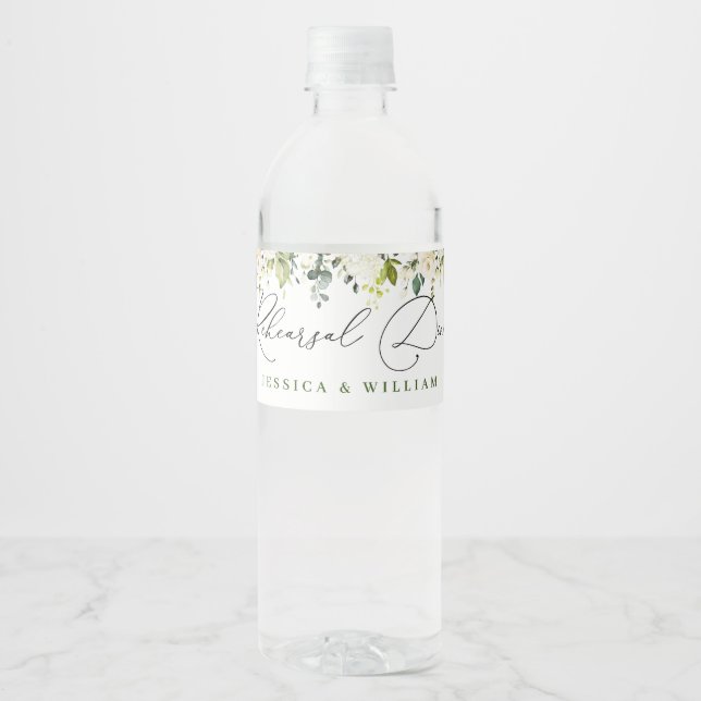 Elegant Eucalyptus White Roses Rehearsal Dinner Water Bottle Label (Front)
