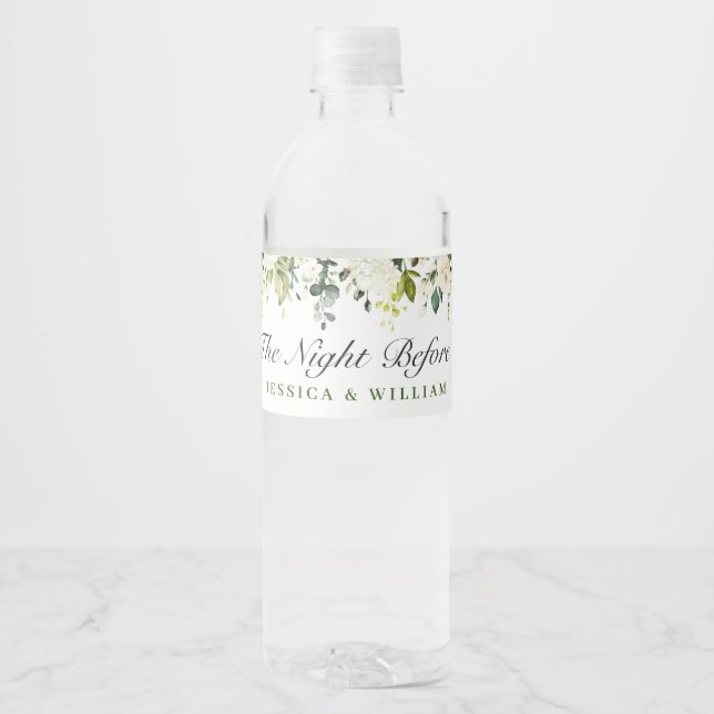 Elegant Eucalyptus White Roses Rehearsal Dinner Water Bottle Label (Front)