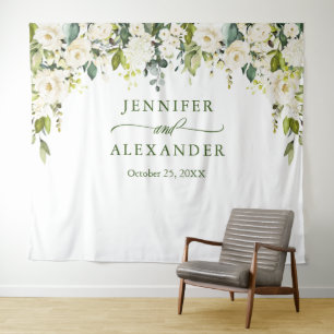 Elegant Eucalyptus White Roses Wedding Backdrop Tapestry