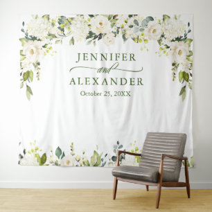 Elegant Eucalyptus White Roses Wedding Backdrop Tapestry