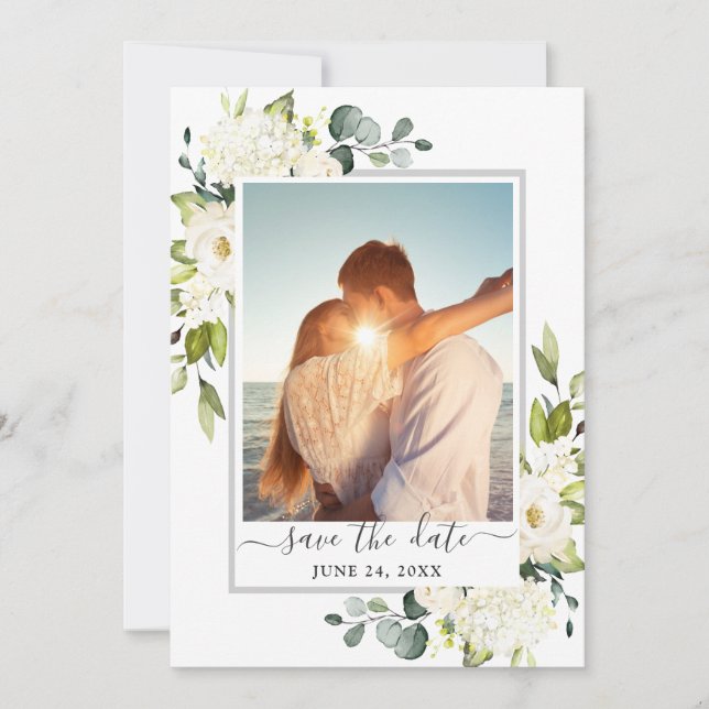 Elegant Eucalyptus White Roses Wedding PHOTO Save The Date (Front)