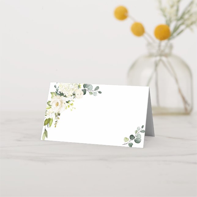 Elegant Eucalyptus White Roses Wedding Place Card (Front)
