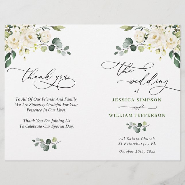 Elegant Eucalyptus White Roses Wedding Program (Front)
