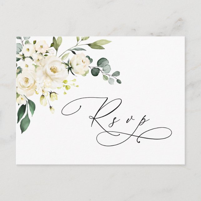 Elegant Eucalyptus White Roses Wedding RSVP Postcard (Front)