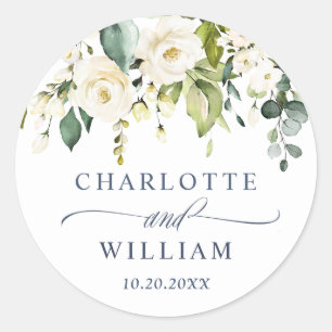 Elegant Eucalyptus White Roses Wedding Thank You Classic Round Sticker