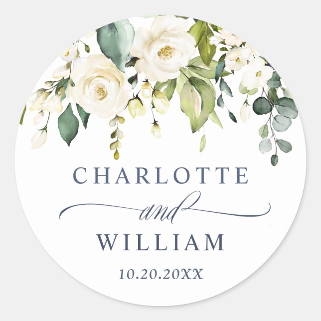 Elegant Eucalyptus White Roses Wedding Thank You Classic Round Sticker (Front)