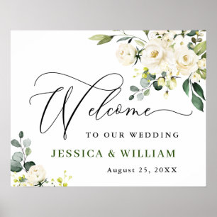 Elegant Eucalyptus White Roses Wedding Welcome Poster