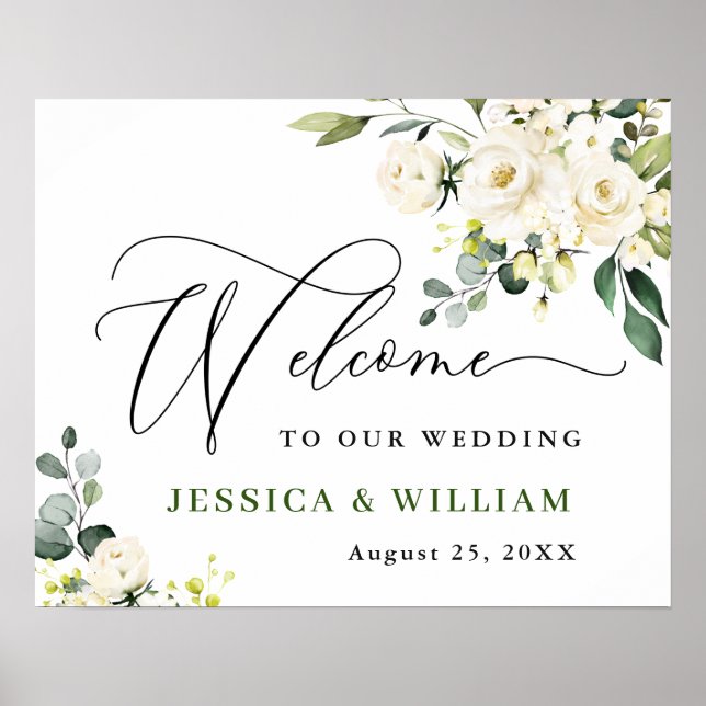 Elegant Eucalyptus White Roses Wedding Welcome Poster (Front)
