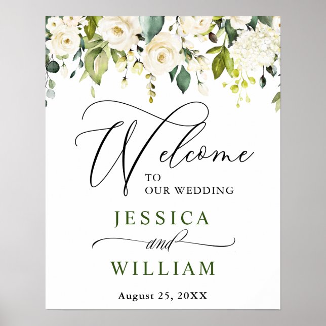 Elegant Eucalyptus White Roses Wedding Welcome  Poster (Front)