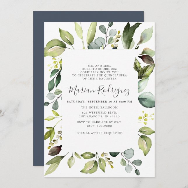 Elegant Eucalyptus with Greenery Quiceañera Invitation (Front/Back)