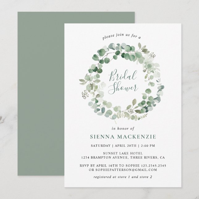 Elegant Eucalyptus Wreath Bridal Shower Invitation (Front/Back)