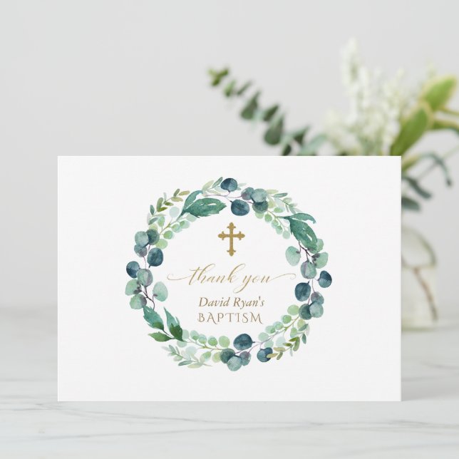 Elegant Eucalyptus Wreath Gold Photo Boy Baptism Thank You Card (Standing Front)