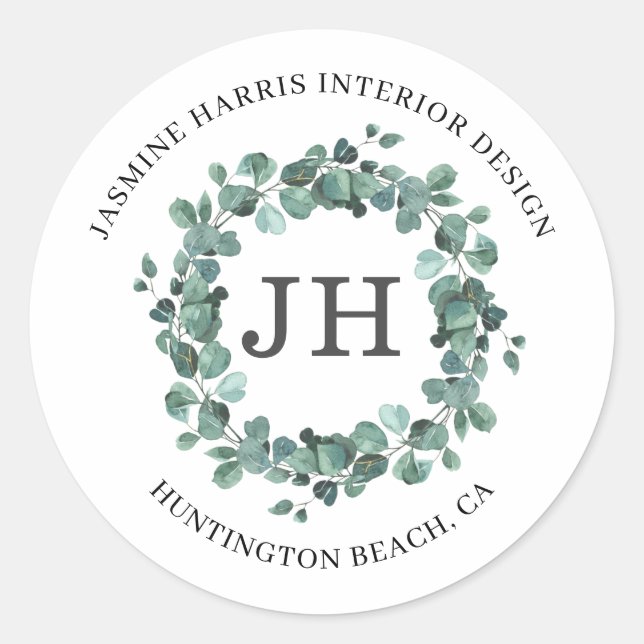 Elegant Eucalyptus Wreath Greenery Monogram Classic Round Sticker (Front)