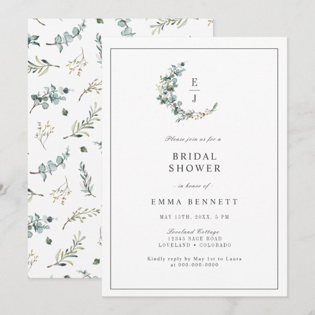 Elegant Eucalyptus Wreath Monogram Bridal Shower Invitation (Front/Back)