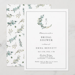 Elegant Eucalyptus Wreath Monogram Bridal Shower Invitation