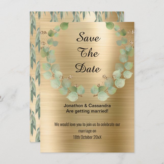 ELEGANT EUCALYPTUS WREATH SAGE GOLD SAVE THE DATE (Front/Back)