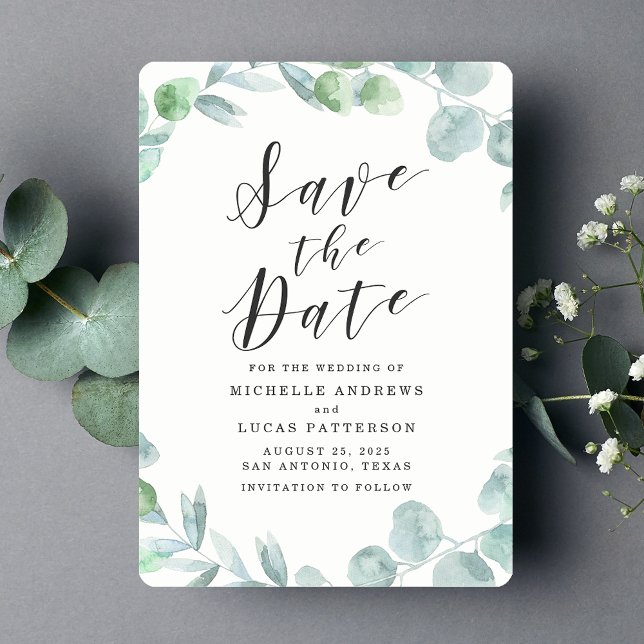 Elegant Eucalyptus Wreath Save the Date Card (Creator Uploaded)