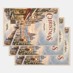 Elegant European Christmas Cityscape Holiday Wrapping Paper Sheet