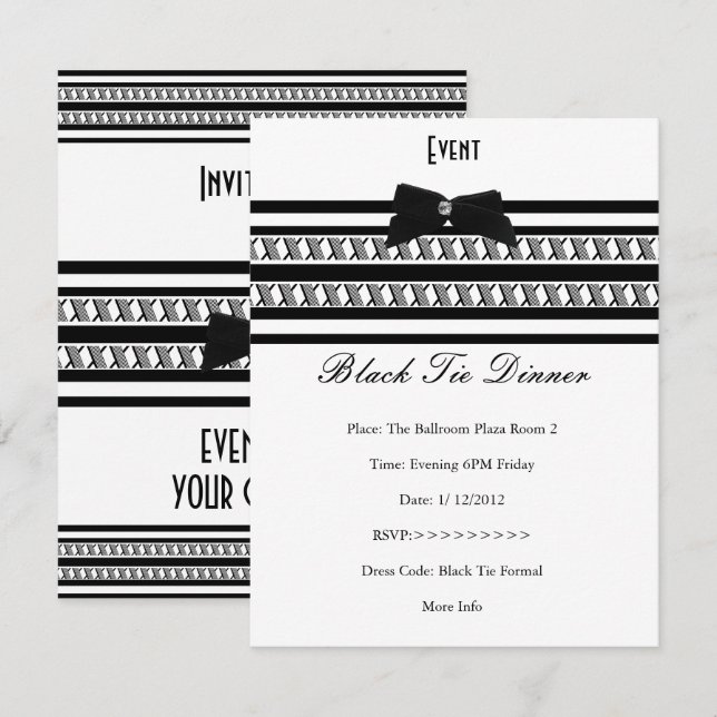 Elegant Event Formal Black Tie White Dinner Invitation (Front/Back)