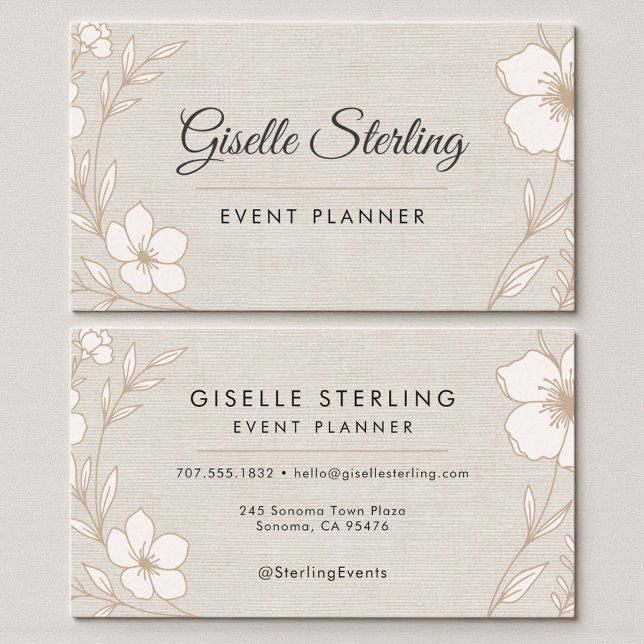 Elegant Event Planner Botanical Floral Linen Business Card (Creator Uploaded)