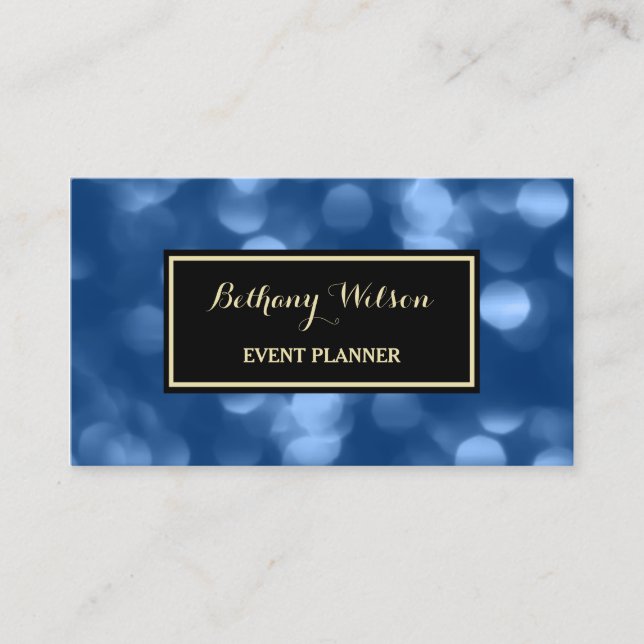 Elegant Event Planner Glamourous Blue Luxe Bokeh Business Card (Front)