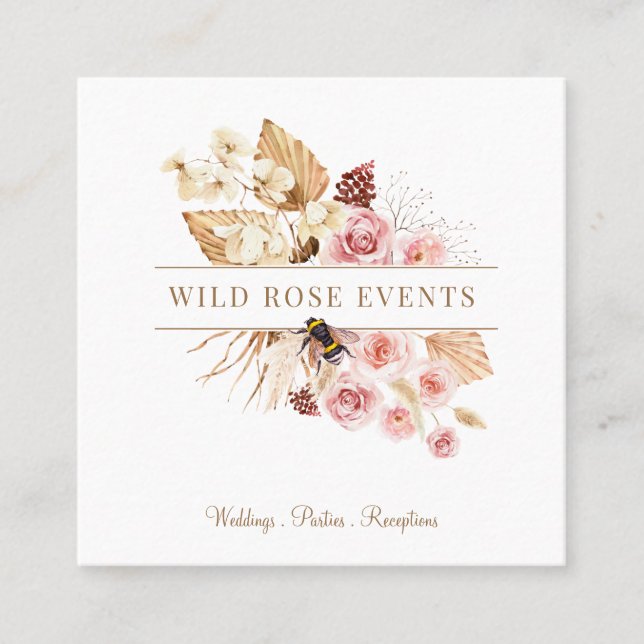 Elegant Event Planner Pink Rose Floral Square Busi Square Business Card (Front)