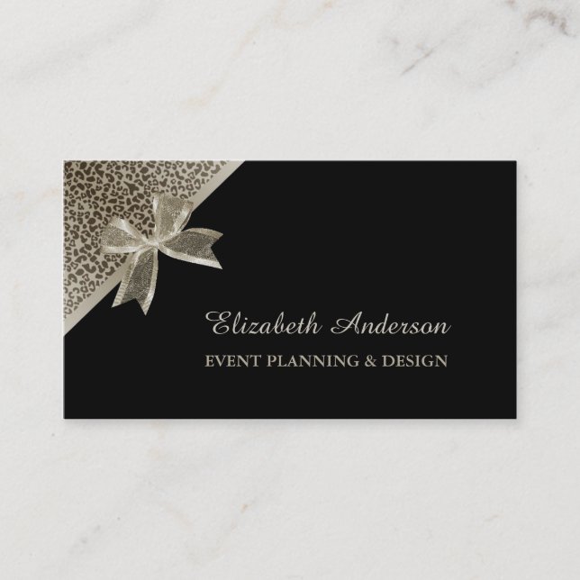 Elegant Event Planner Platinum Leopard Chic Bow Business Card (Front)