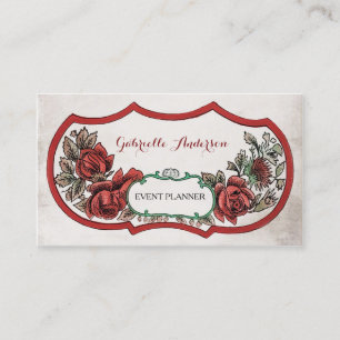 Elegant Event Planner Vintage Red Rose Floral Business Card