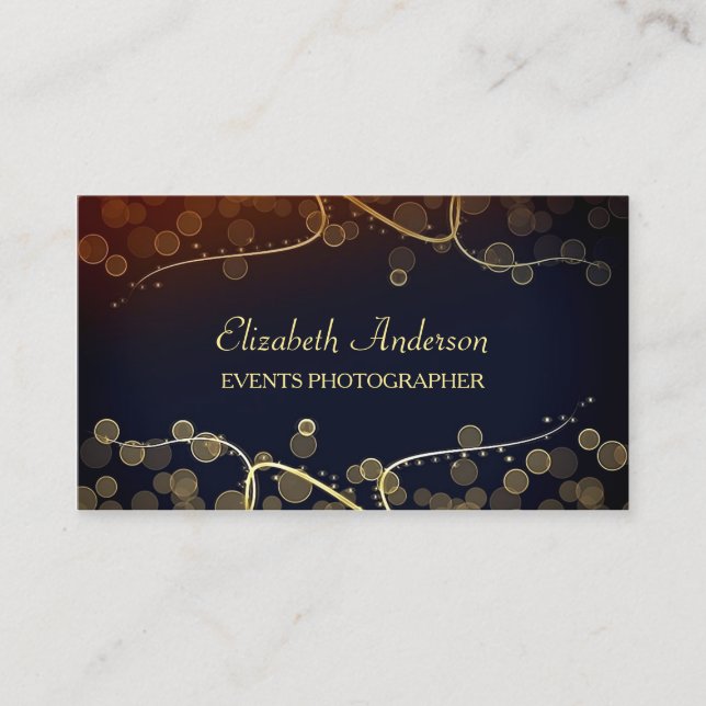 Elegant Events Photographer Black and Gold Bokeh Business Card (Front)