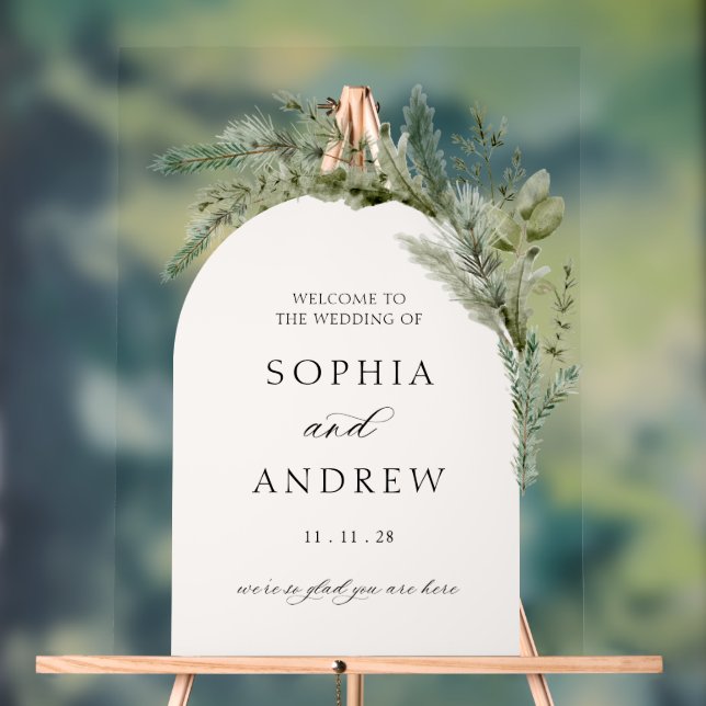Elegant Evergreen Arch Wedding Welcome Acrylic Sign (Neutral)