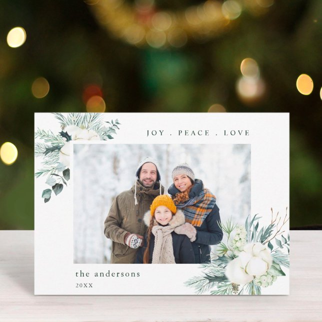 Elegant Evergreen & Cotton Flowers Joy Peace Love  Holiday Card (Creator Uploaded)
