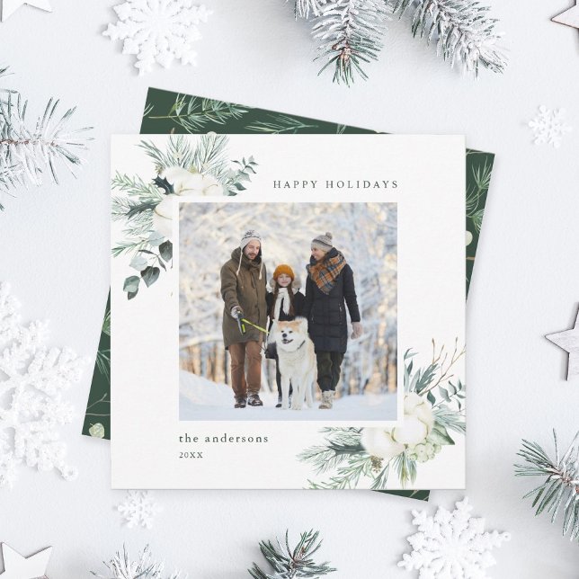 Elegant Evergreen & Cotton Flowers Photo Square Holiday Card (Creator Uploaded)