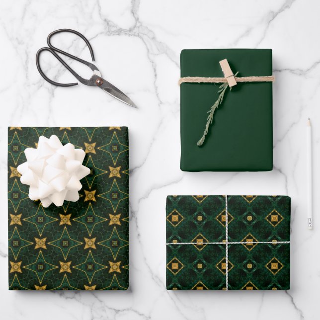 Elegant Evergreen Emerald Green and Gold Wrapping Paper Sheet (Front)