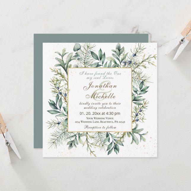 Elegant Evergreen Eucalyptus Christian Wedding Invitation (Front/Back In Situ)