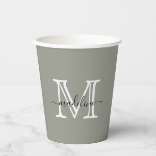 Elegant Evergreen Fog Script Monogram Paper Cups