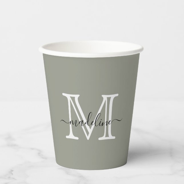 Elegant Evergreen Fog Script Monogram Paper Cups (Front)