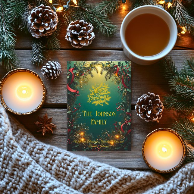 Elegant Evergreen Garland with Family Greeting Invitation (Creator Uploaded)