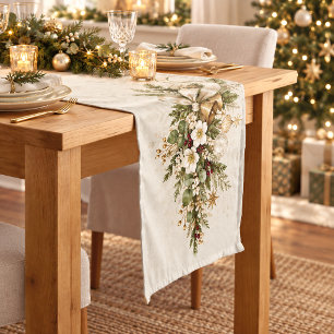 Elegant Evergreen Gold Bells Christmas Short Table Runner