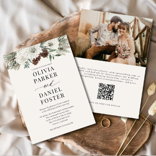 Elegant Evergreen Winter Photo QR Code Wedding Invitation