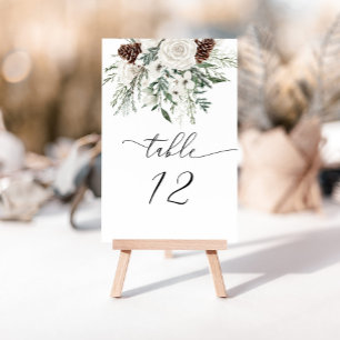 Elegant evergreen winter wedding table number