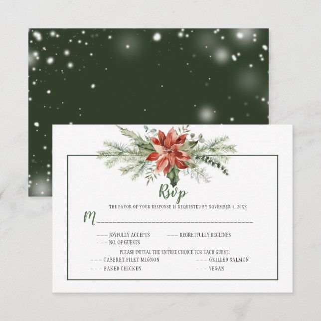 Elegant Evergreens and Poinsettia Christmas RSVP Card (Front/Back)