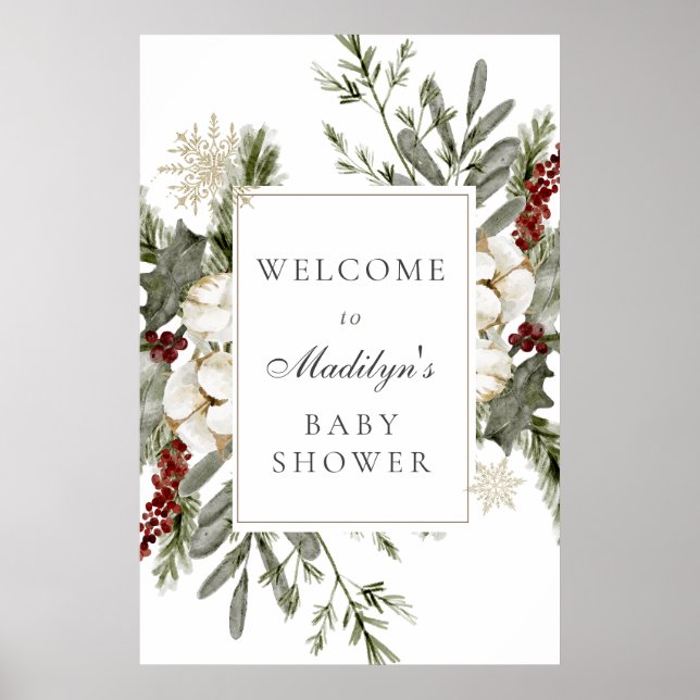 Elegant Evergreens and Winter Florals Baby Welcome Poster (Front)