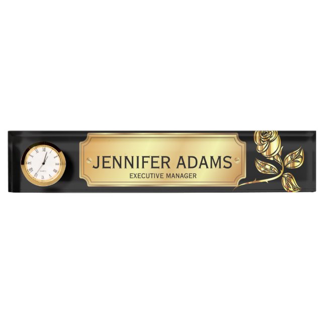 Elegant Executive Manager Gold Rose Flower Nameplate (Front)