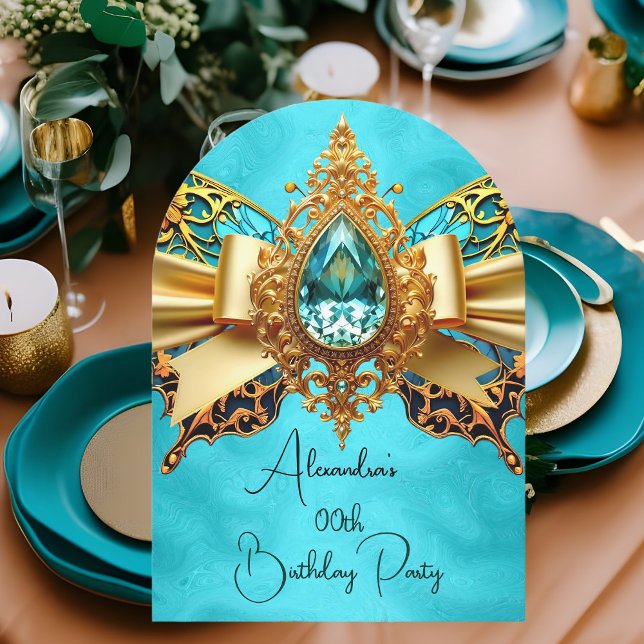 Elegant Exotic Birthday Teal Gold Jewel Butterfly Invitation (Creator Uploaded)