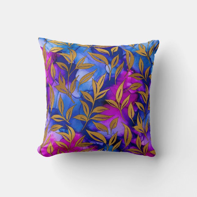 Elegant Exotic Gold Leaves Abstract Purple Blue Cushion (Front)