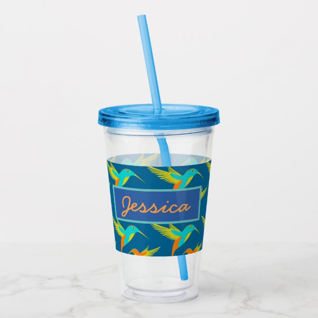 Elegant Exotic Hummingbirds Personalised Acrylic Tumbler (Left)
