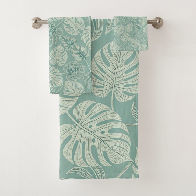 Elegant Exotic Painted Monsteras Bath Towel Set (Insitu)
